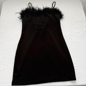 B Darlin Black Velvet Mini Dress Feather Trim Spaghetti Strap Y2K Party Dress